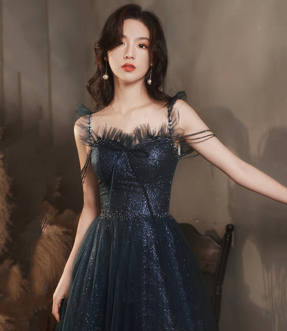 Blue tulle sequins long prom dress blue evening dress  10253