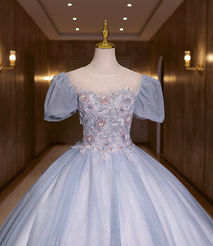 Blue shiny fashion elegant exquisite floral applique tulle lace long prom dress evening dress graduation dress 10259