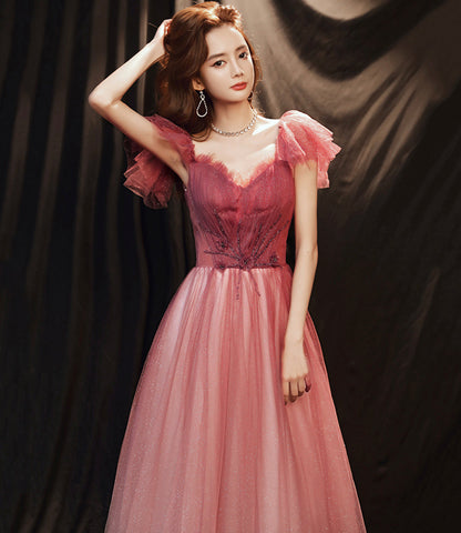 Burgundy tulle long prom dress A line evening gown  10256