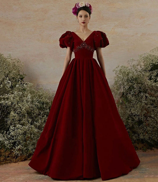 Burgundy velvet long prom dress evening gown  10239
