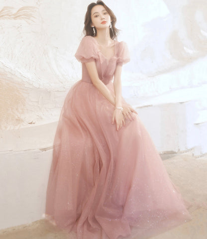 Pink tulle long prom dress pink evening gown  10258