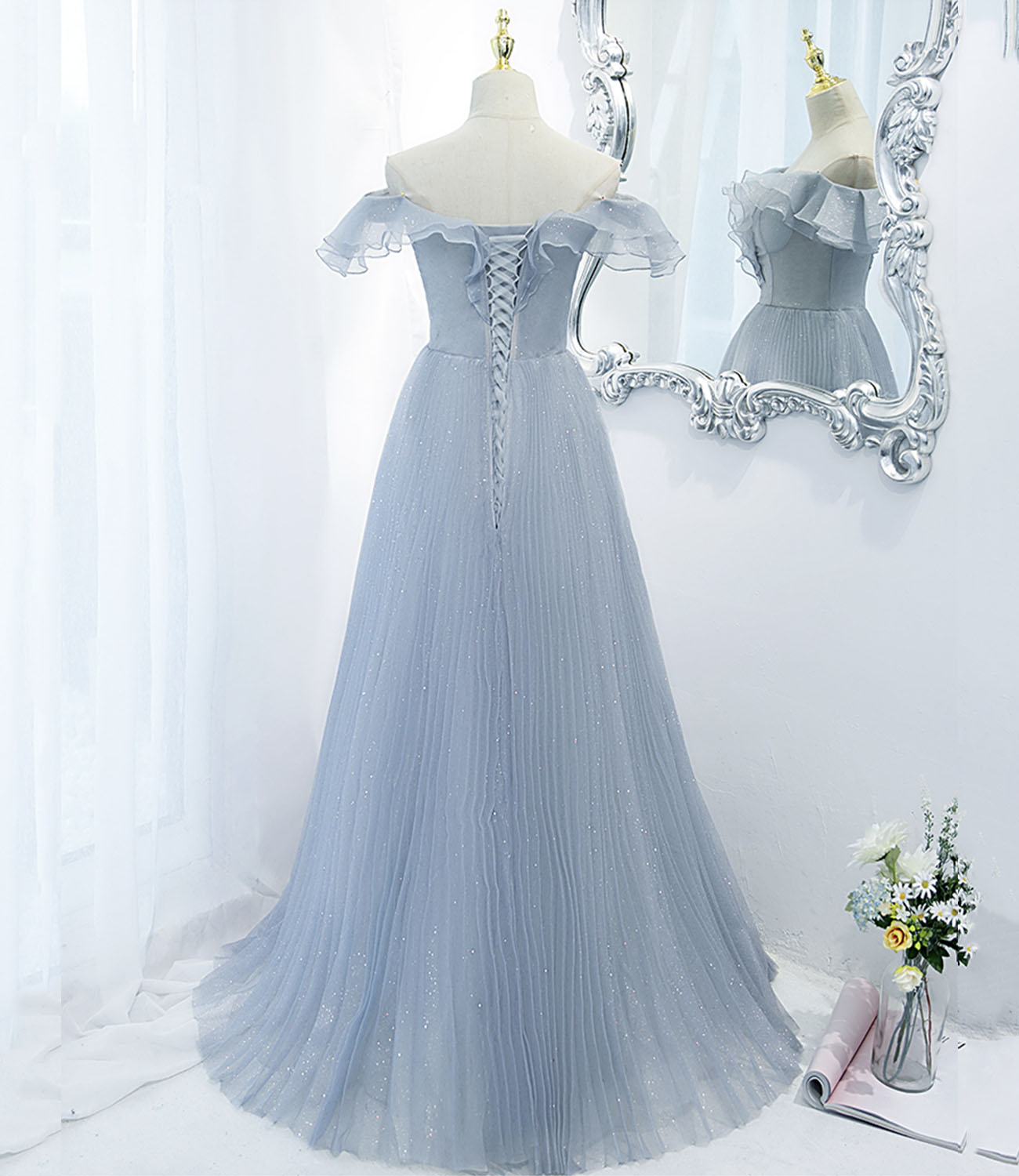 Blue tulle long prom dress blue evening dress  10270