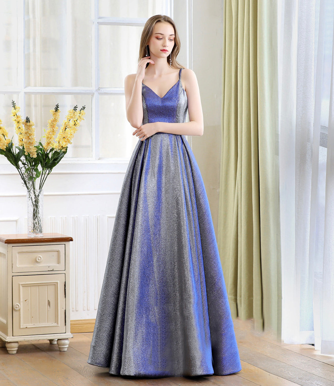 Blue satin long A line prom dress blue evening dress  10235