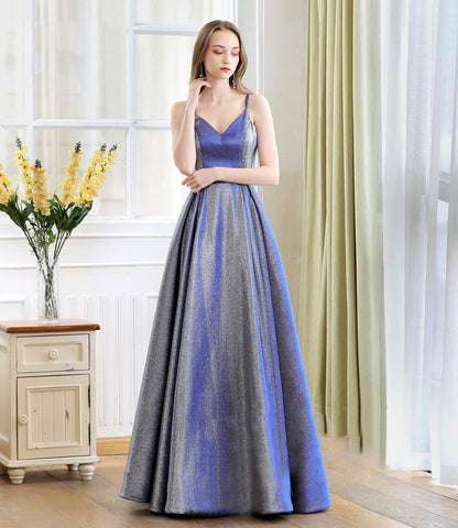 Blue satin long A line prom dress blue evening dress  10235
