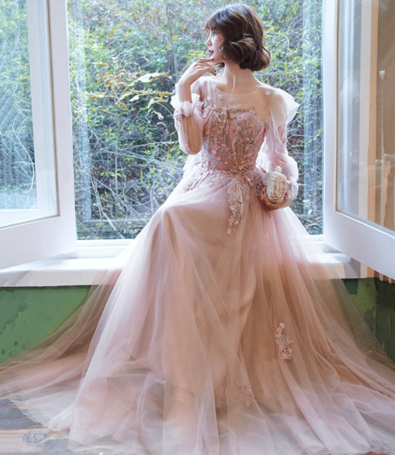 Pink tulle lace long prom dress pink evening dress  10267