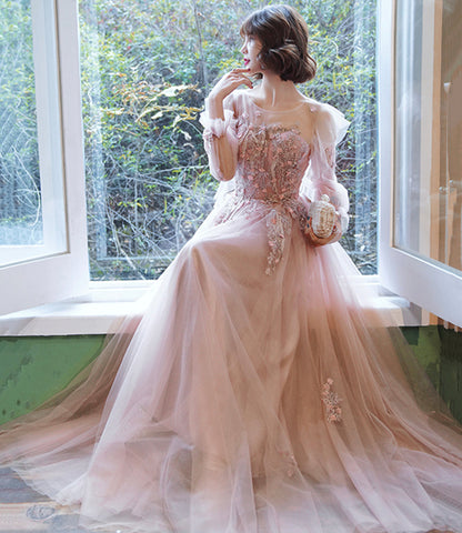 Pink tulle lace long prom dress pink evening dress  10267