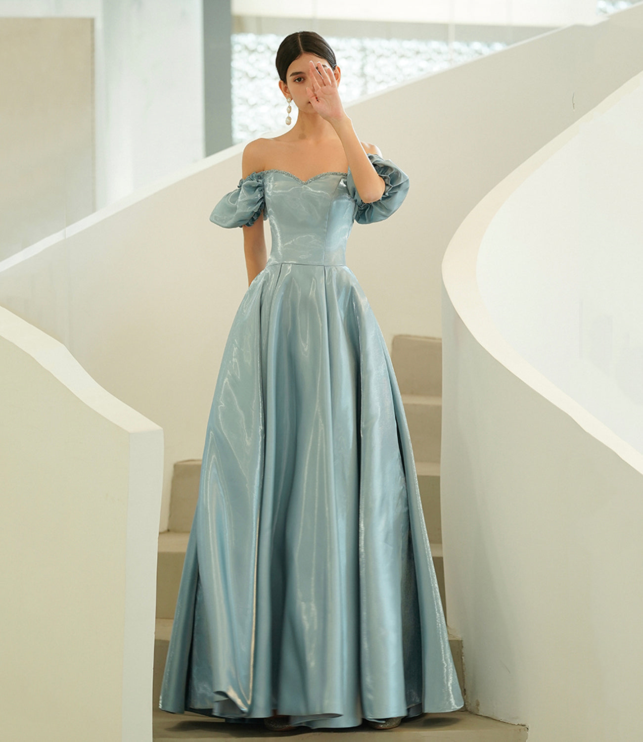 Blue satin long A line prom dress blue evening dress  10215