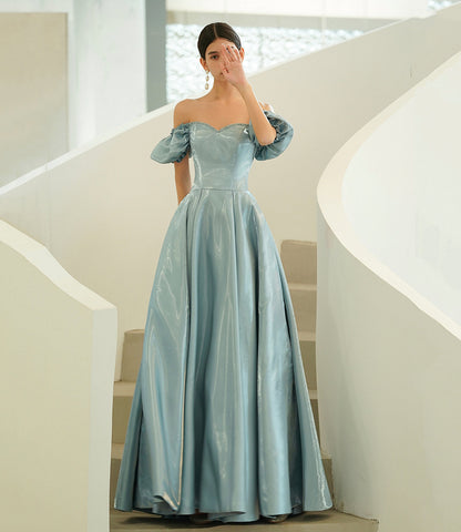 Blue satin long A line prom dress blue evening dress  10215