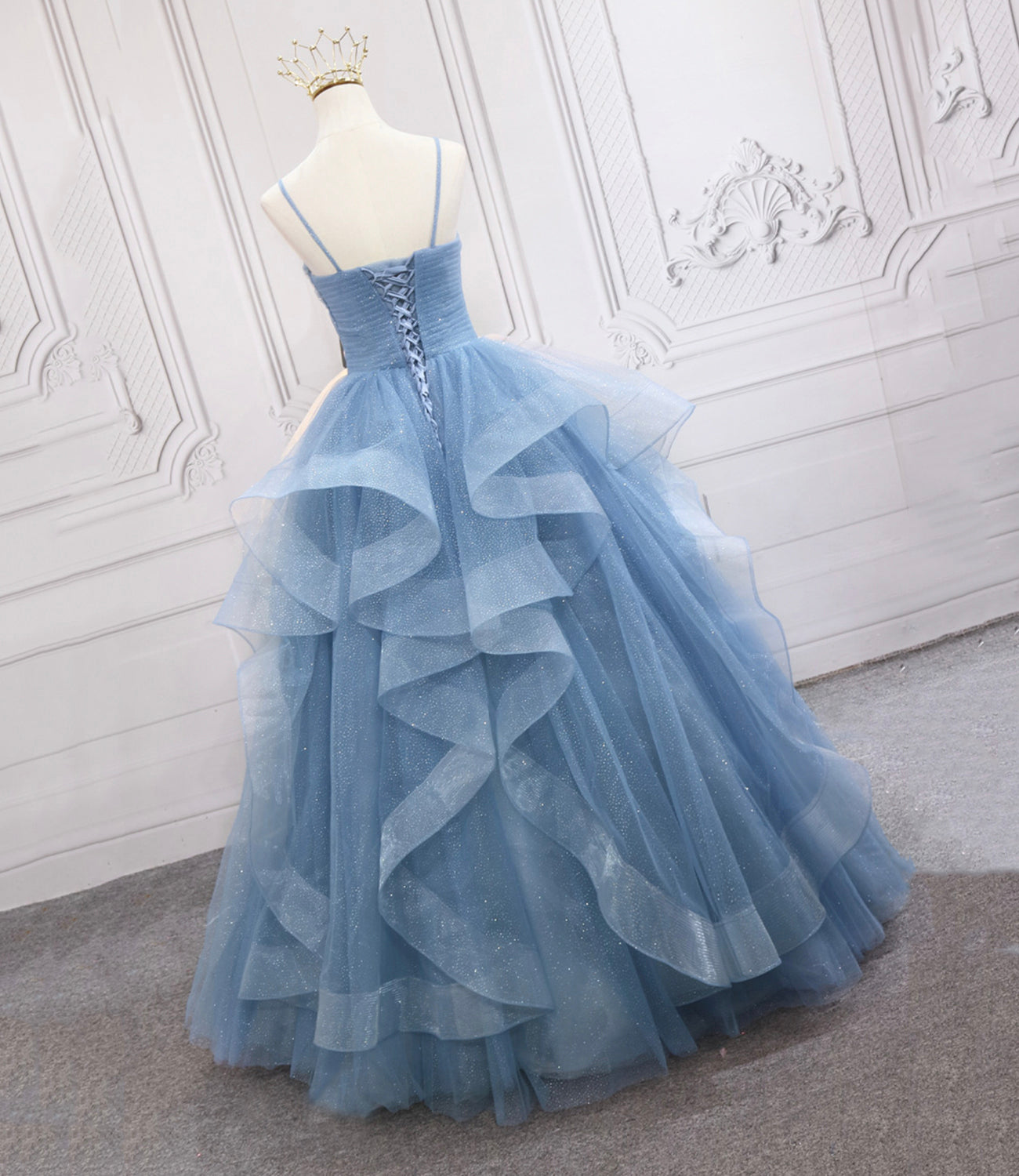 Blue tulle long prom dress blue evening gown  10248