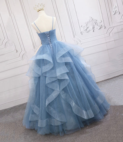Blue tulle long prom dress blue evening gown  10248