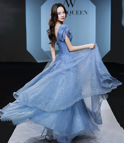 Blue tulle long prom dress blue evening dress  10292