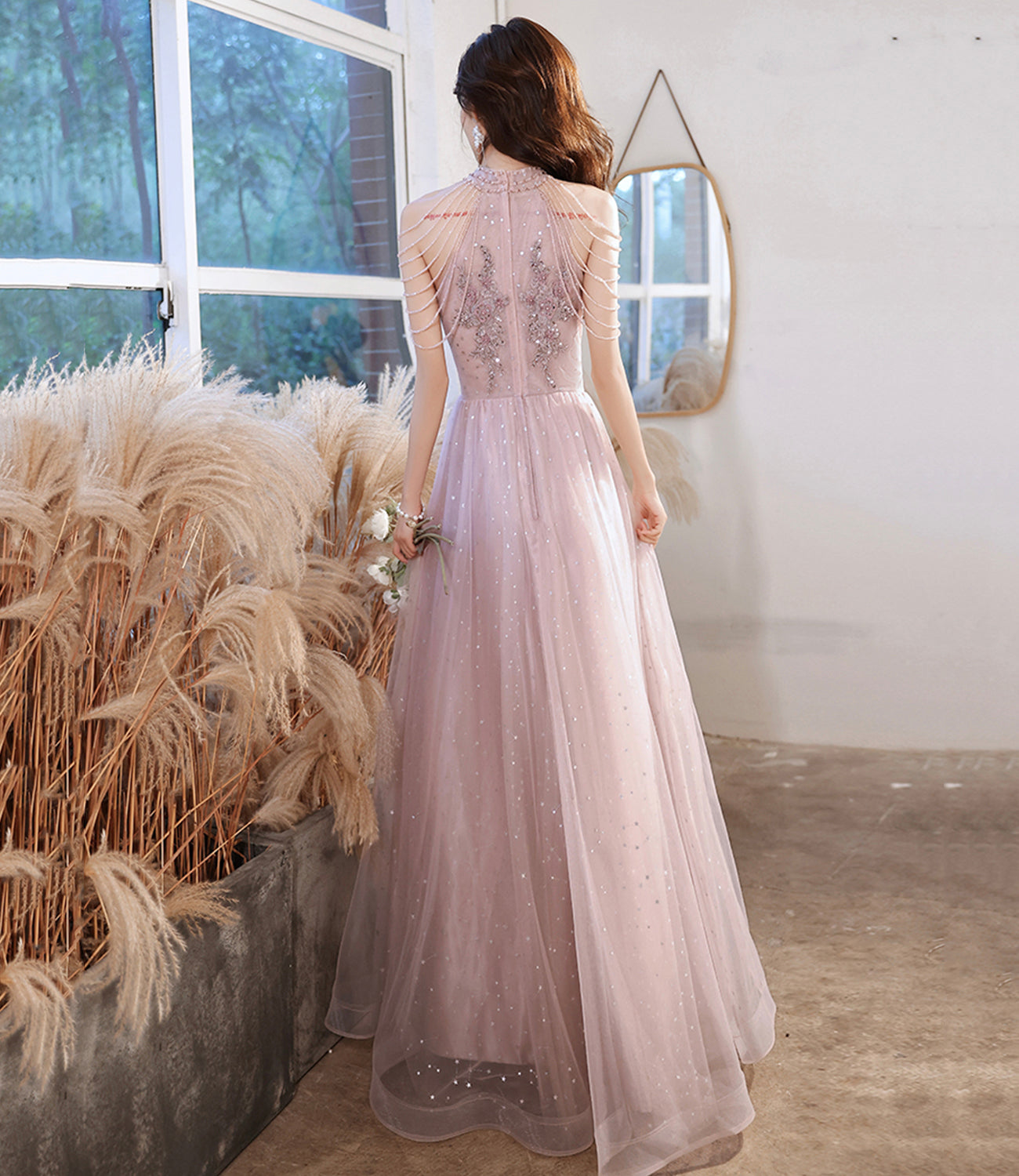 Pink tulle beads long prom dress A line evening gown  10299