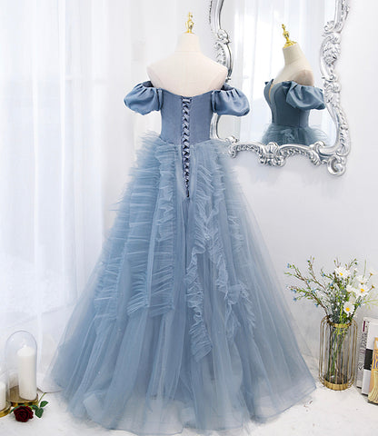 Blue tulle long prom dress blue evening dress  10294
