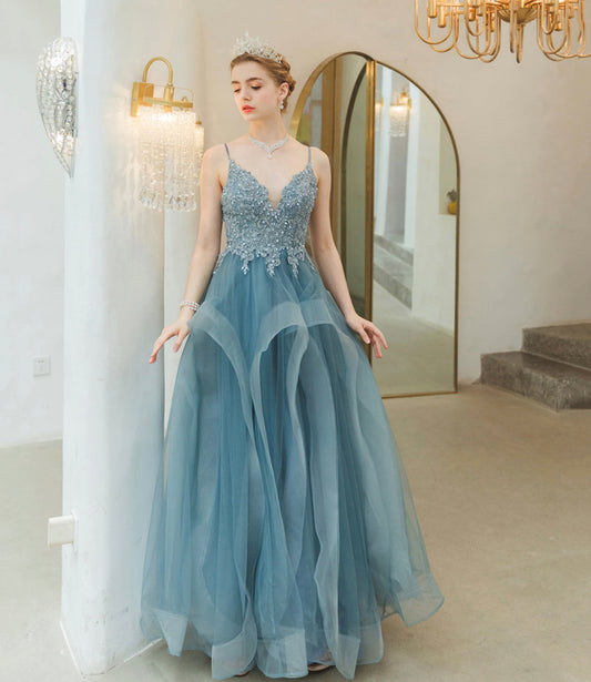 Blue tulle lace long prom dress blue evening gown  10241