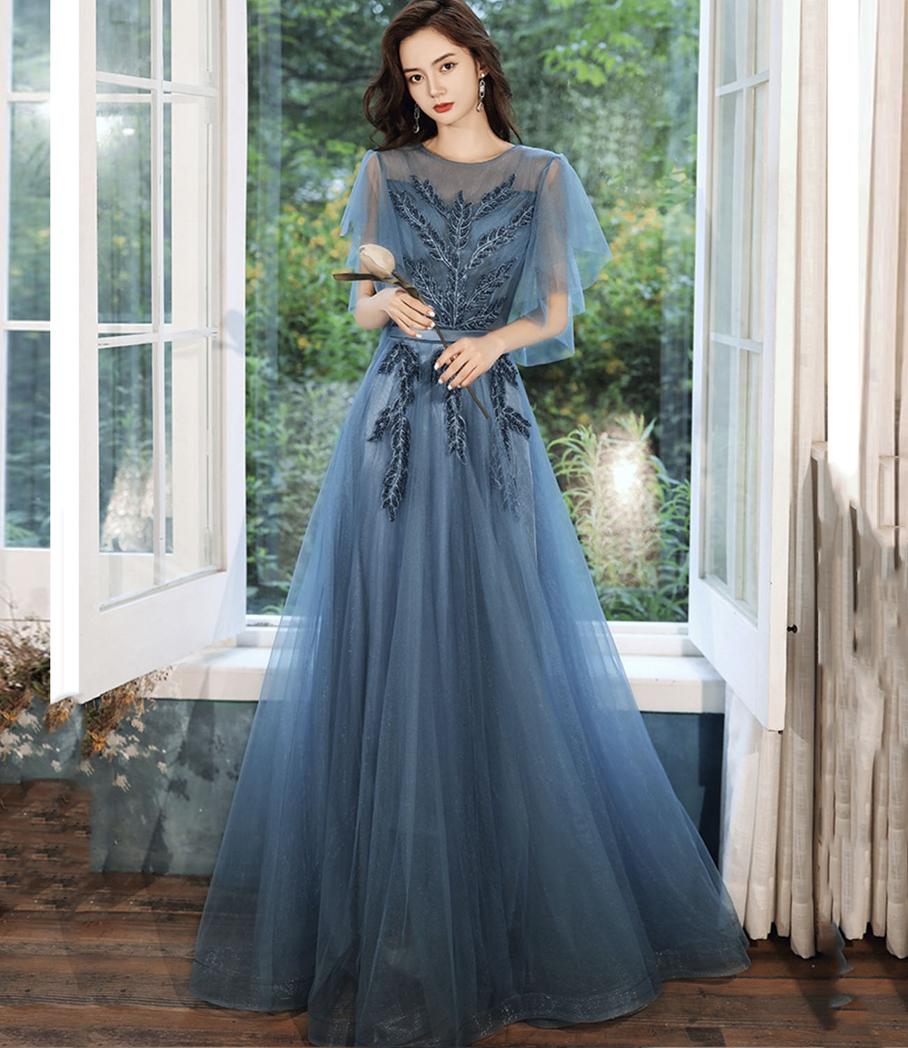 Blue tulle lace long prom dress blue evening gown  10286