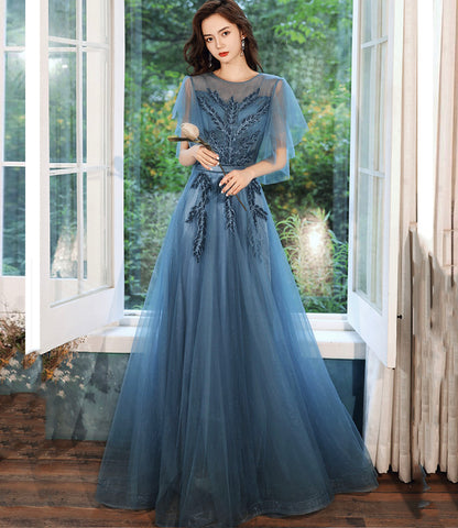 Blue tulle lace long prom dress blue evening gown  10286