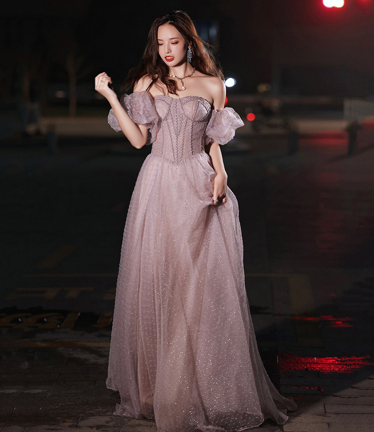 Pink tulle long prom dress pink evening dress  10218