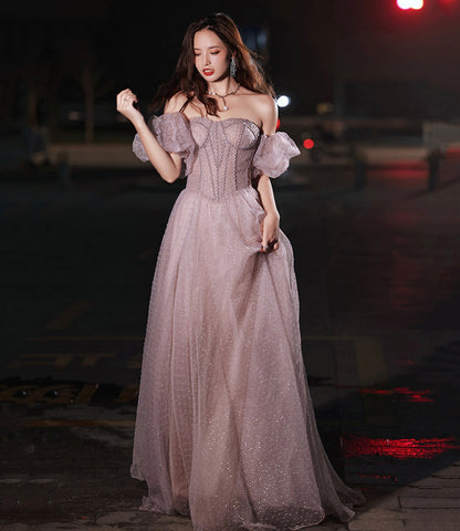 Pink tulle long prom dress pink evening dress  10218