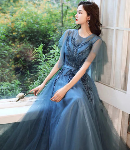 Blue tulle lace long prom dress blue evening gown  10286
