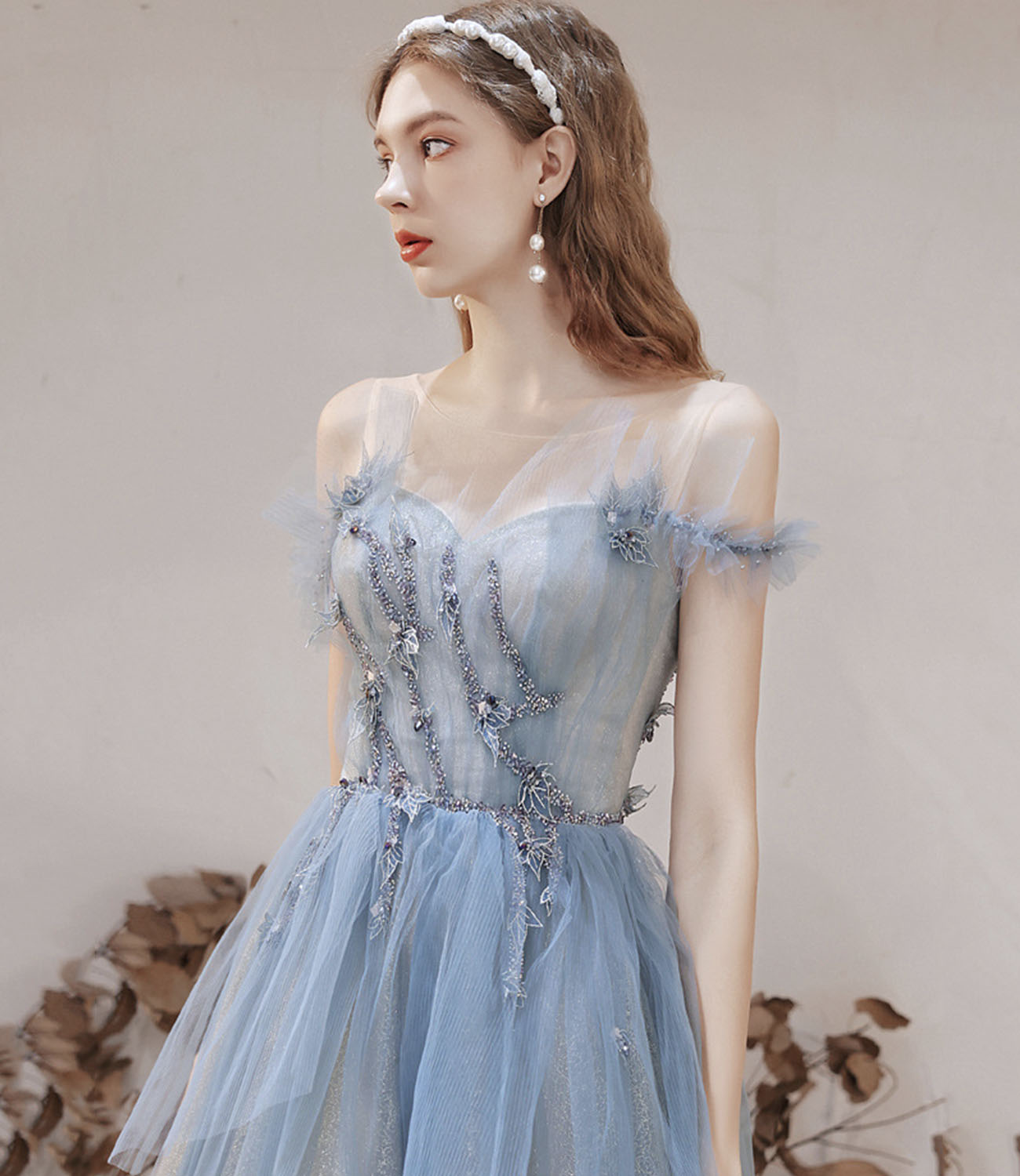 Blue tulle beads long prom dress blue evening dress  10283