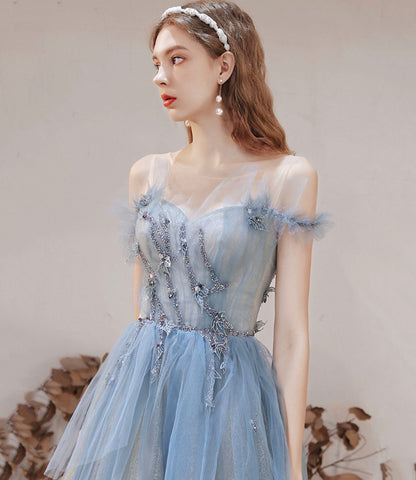 Blue tulle beads long prom dress blue evening dress  10283