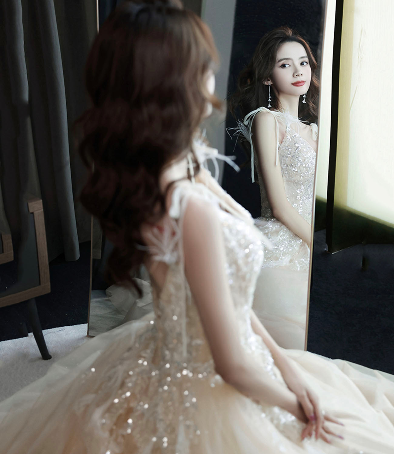 Champagne tulle sequins long prom dress evening gown  10281