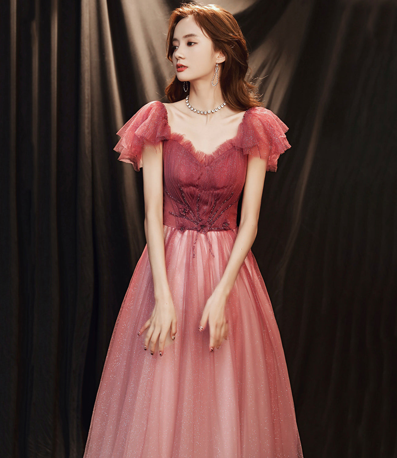 Burgundy tulle long prom dress A line evening gown  10256