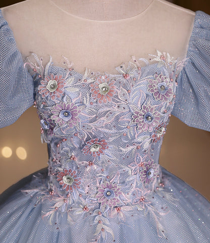 Blue shiny fashion elegant exquisite floral applique tulle lace long prom dress evening dress graduation dress 10259