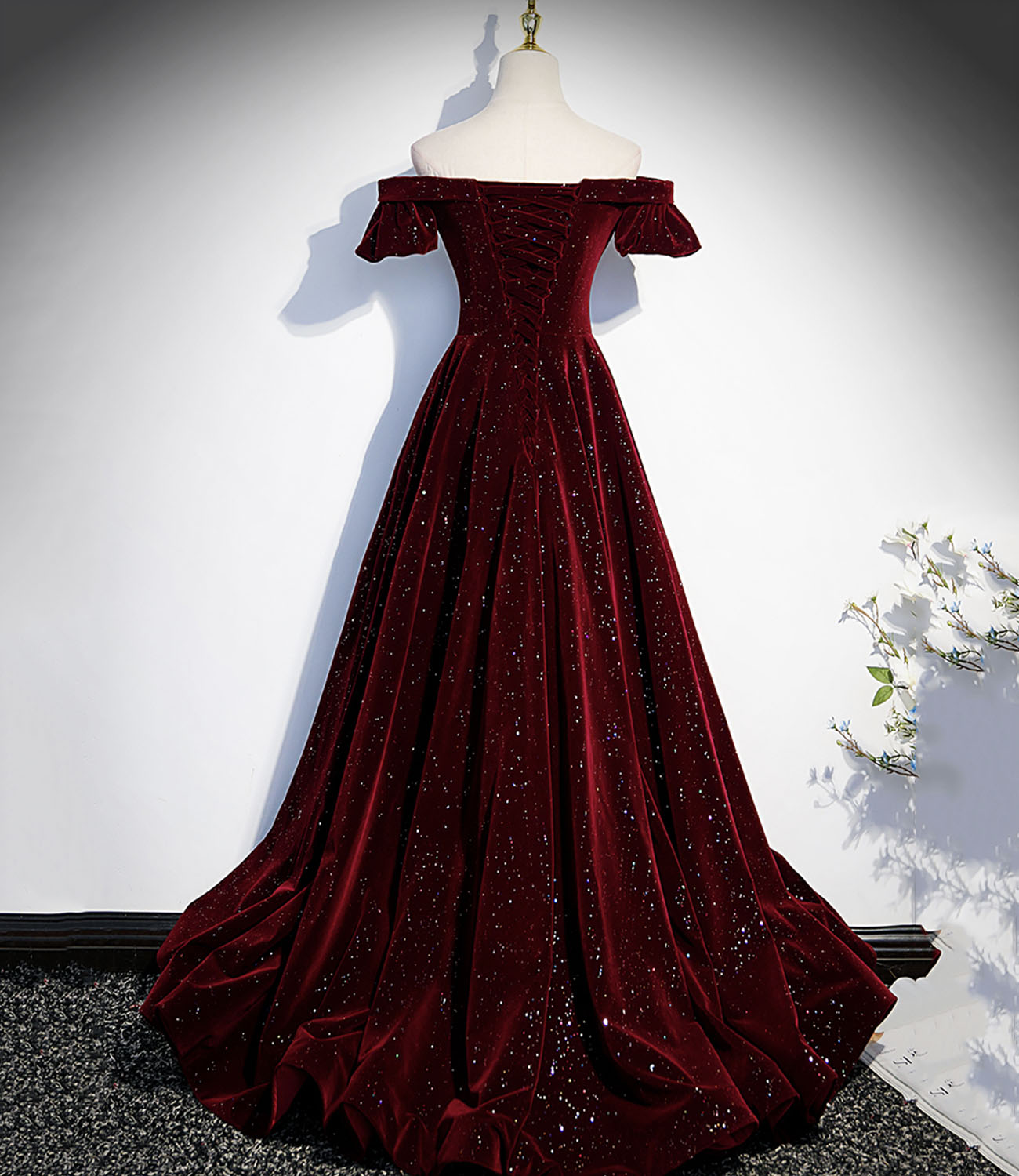 Burgundy velvet long prom dress A line evening gown  10274