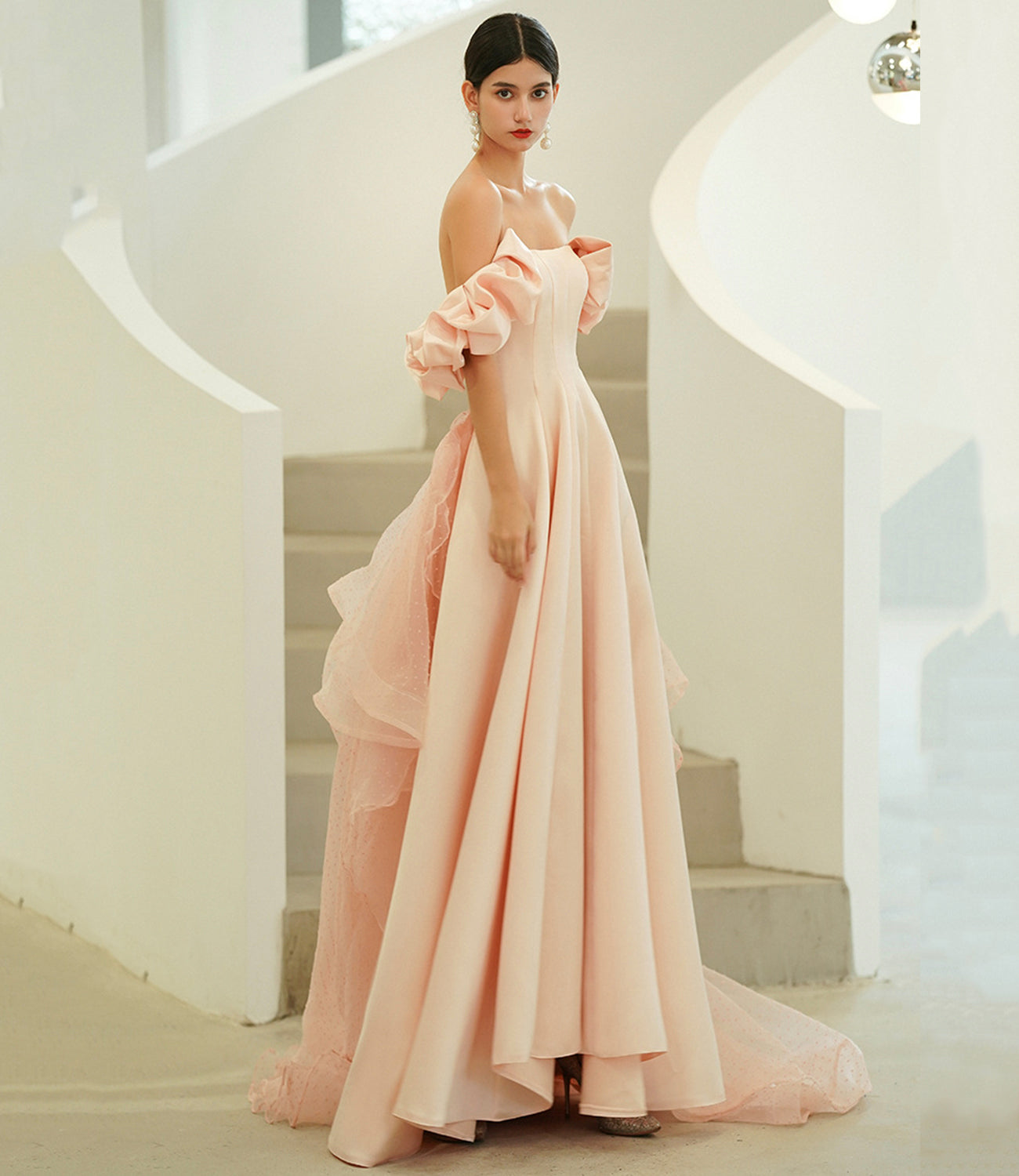 Pink satin tulle long prom dress A line evening dress  10216