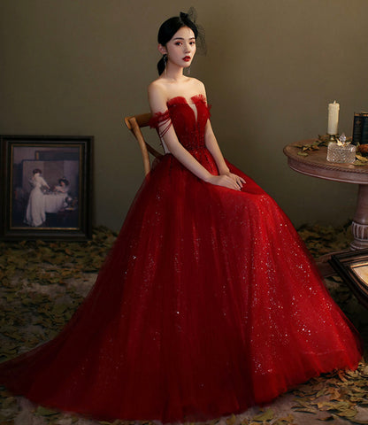 Red tulle sequins long prom dress evening gown  10276