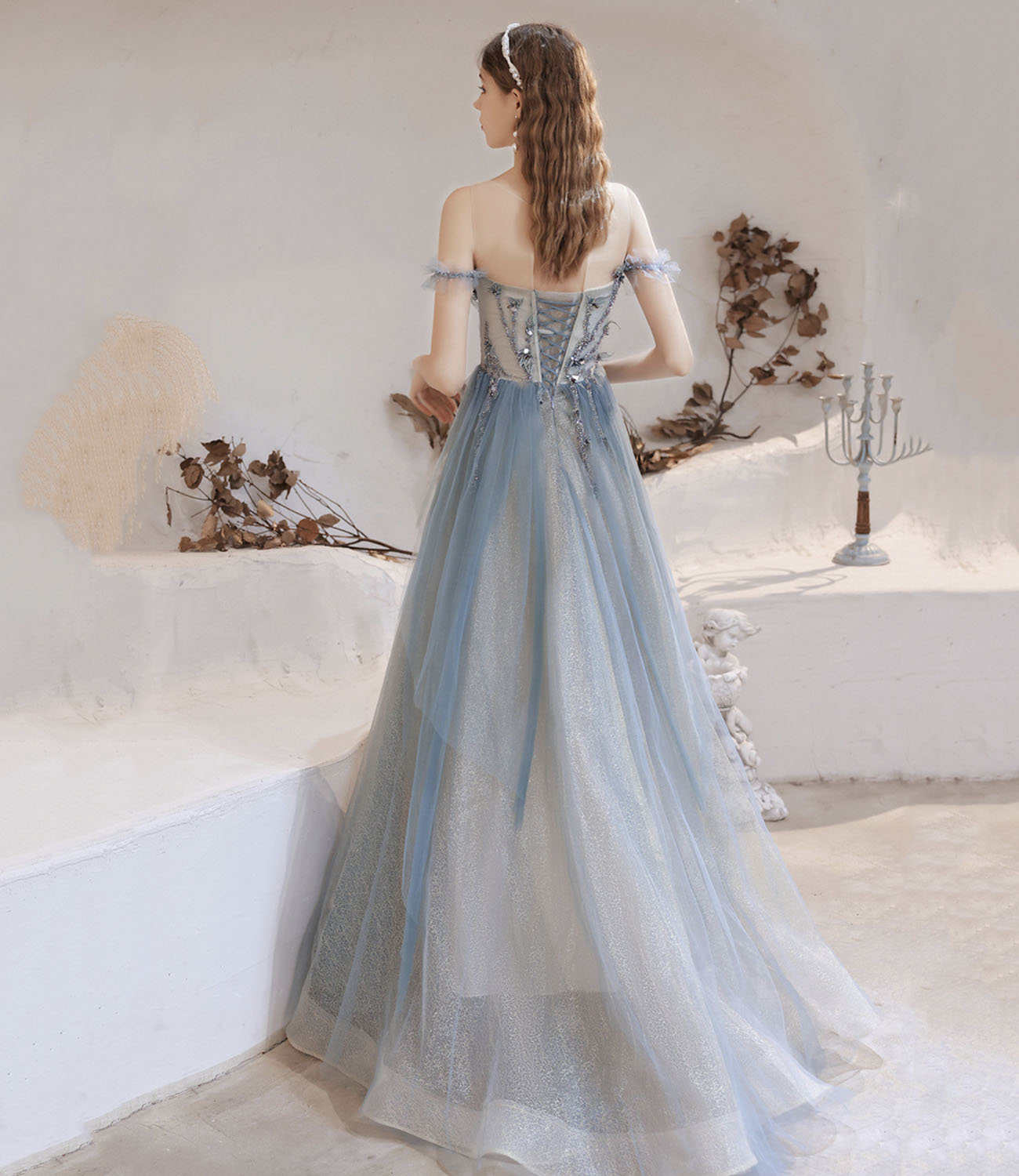 Blue tulle beads long prom dress blue evening dress  10283