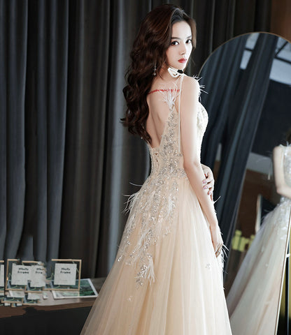 Champagne tulle sequins long prom dress evening gown  10281