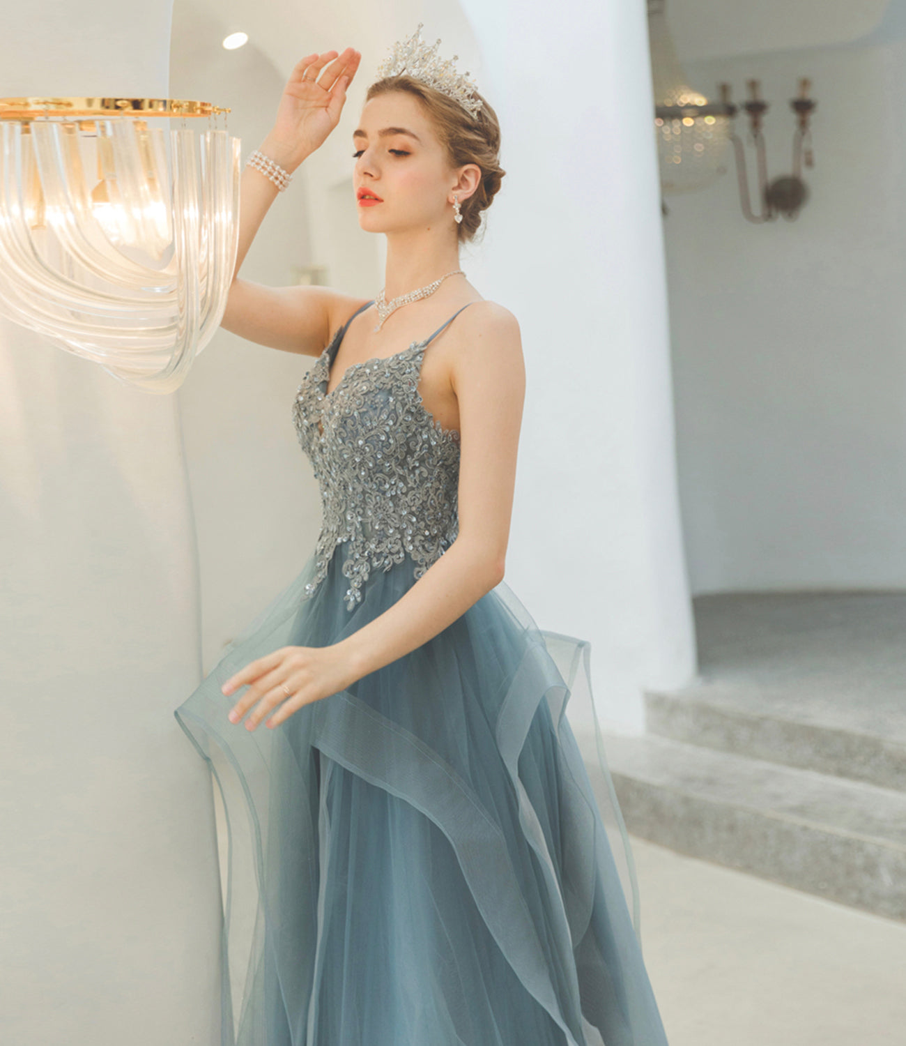 Blue tulle lace long prom dress blue evening gown  10241