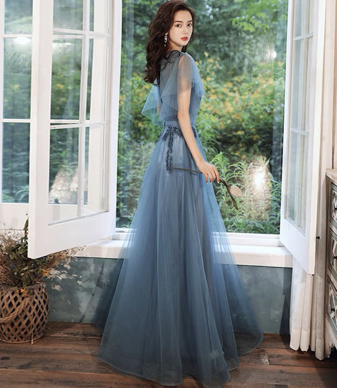Blue tulle lace long prom dress blue evening gown  10286