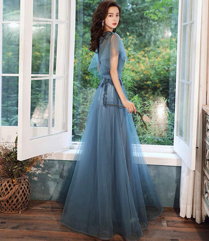 Blue tulle lace long prom dress blue evening gown  10286