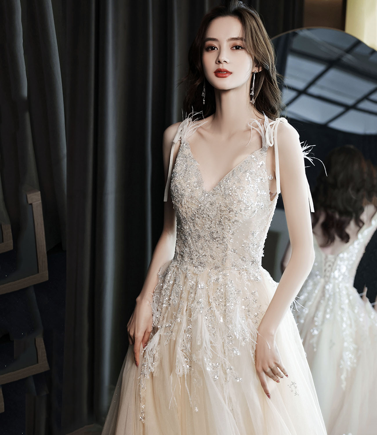 Champagne tulle sequins long prom dress evening gown  10281