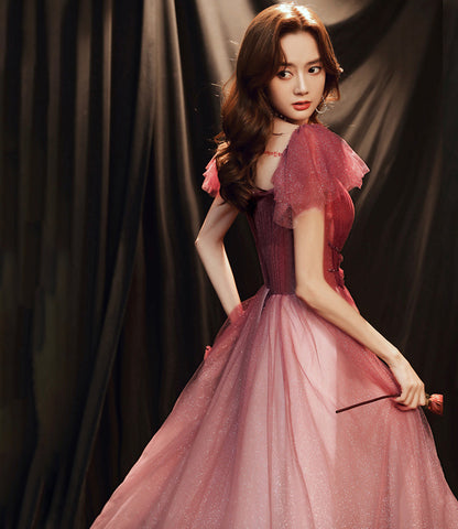 Burgundy tulle long prom dress A line evening gown  10256