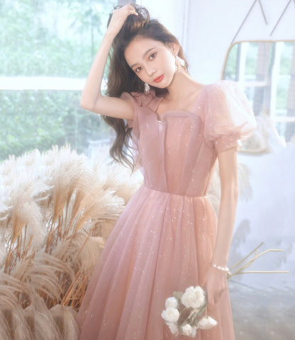 Pink tulle long prom dress pink evening gown  10258