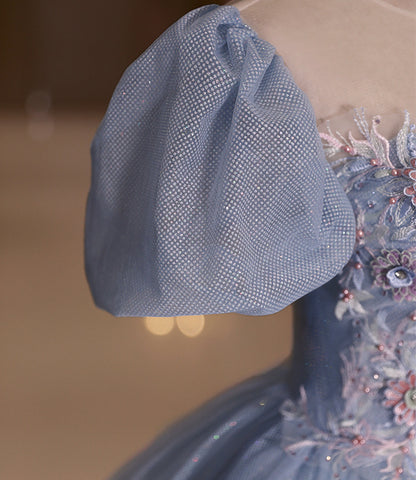 Blue shiny fashion elegant exquisite floral applique tulle lace long prom dress evening dress graduation dress 10259