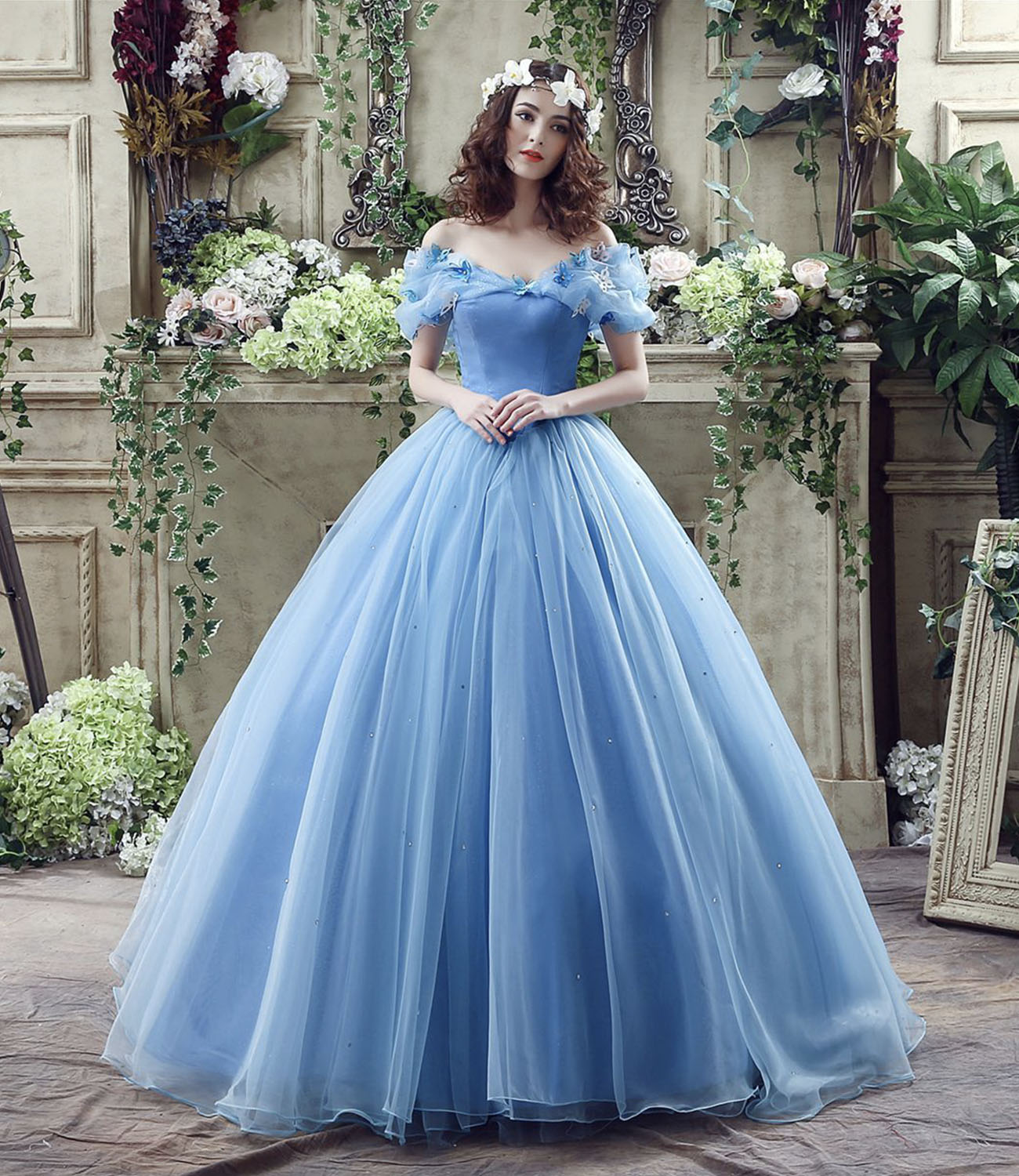Blue tulle long A line prom dress evening gown  10185