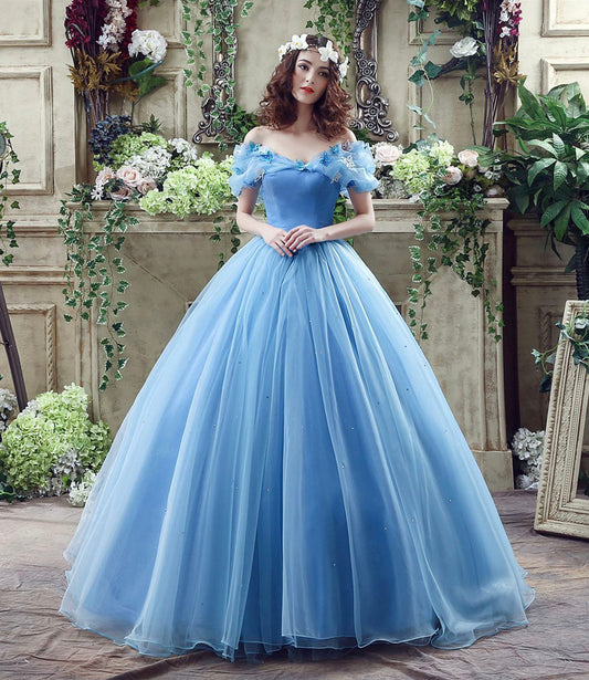 Blue tulle long A line prom dress evening gown  10185