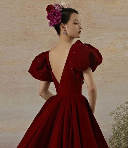Burgundy velvet long prom dress evening gown  10239