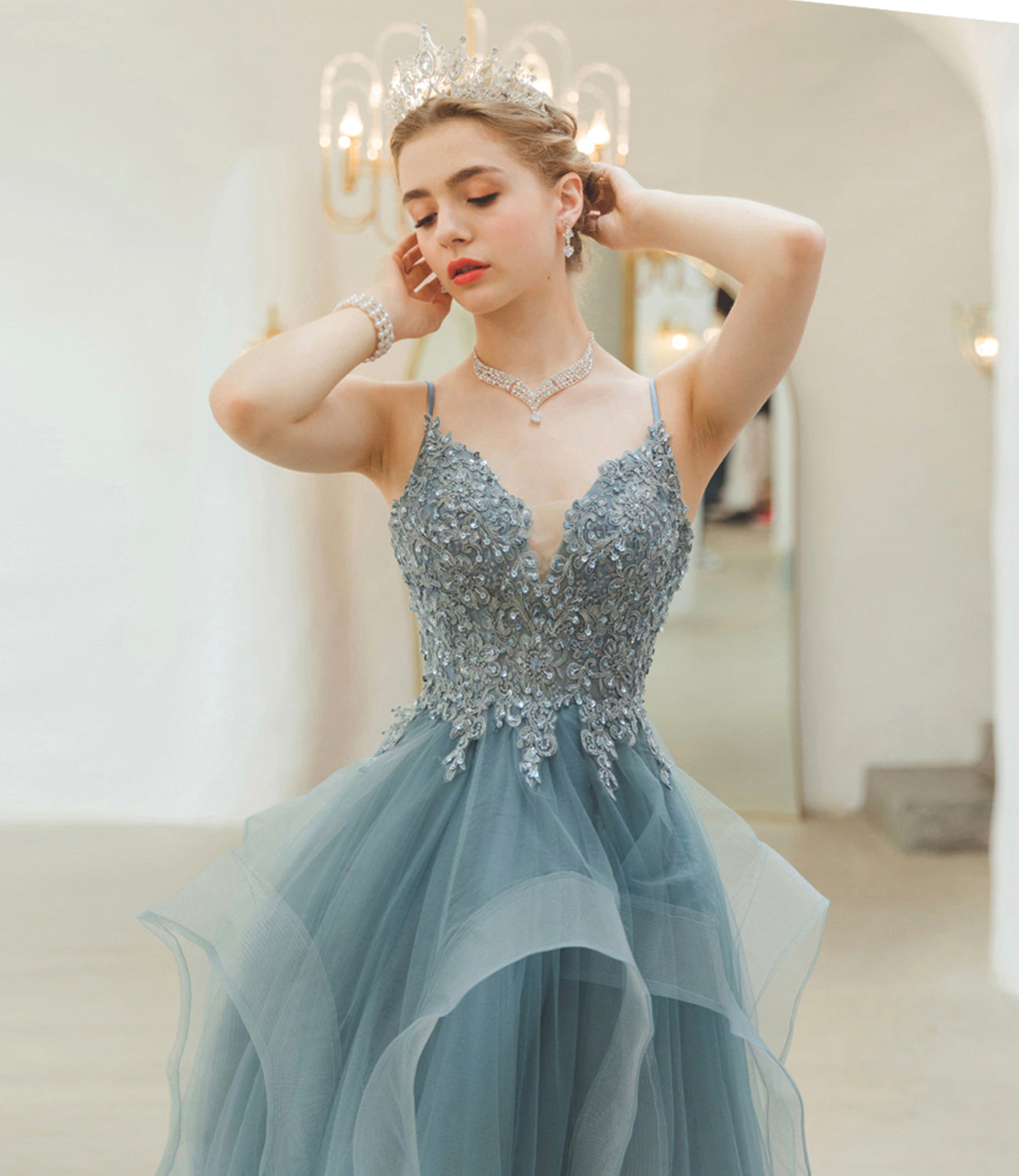 Blue tulle lace long prom dress blue evening gown  10241
