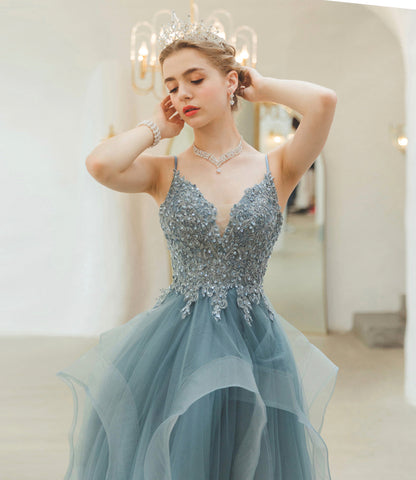Blue tulle lace long prom dress blue evening gown  10241