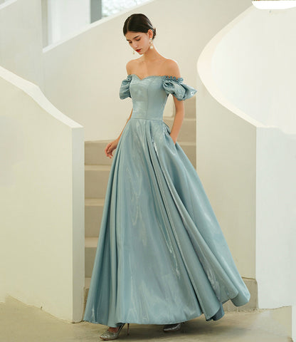Blue satin long A line prom dress blue evening dress  10215