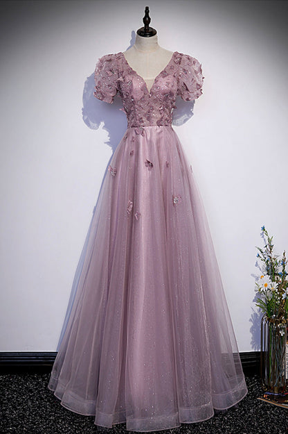 Pink tulle sequins long prom dress pink evening dress  10181