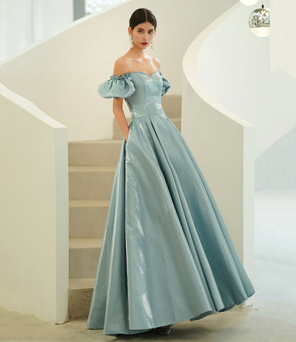 Blue satin long A line prom dress blue evening dress  10215