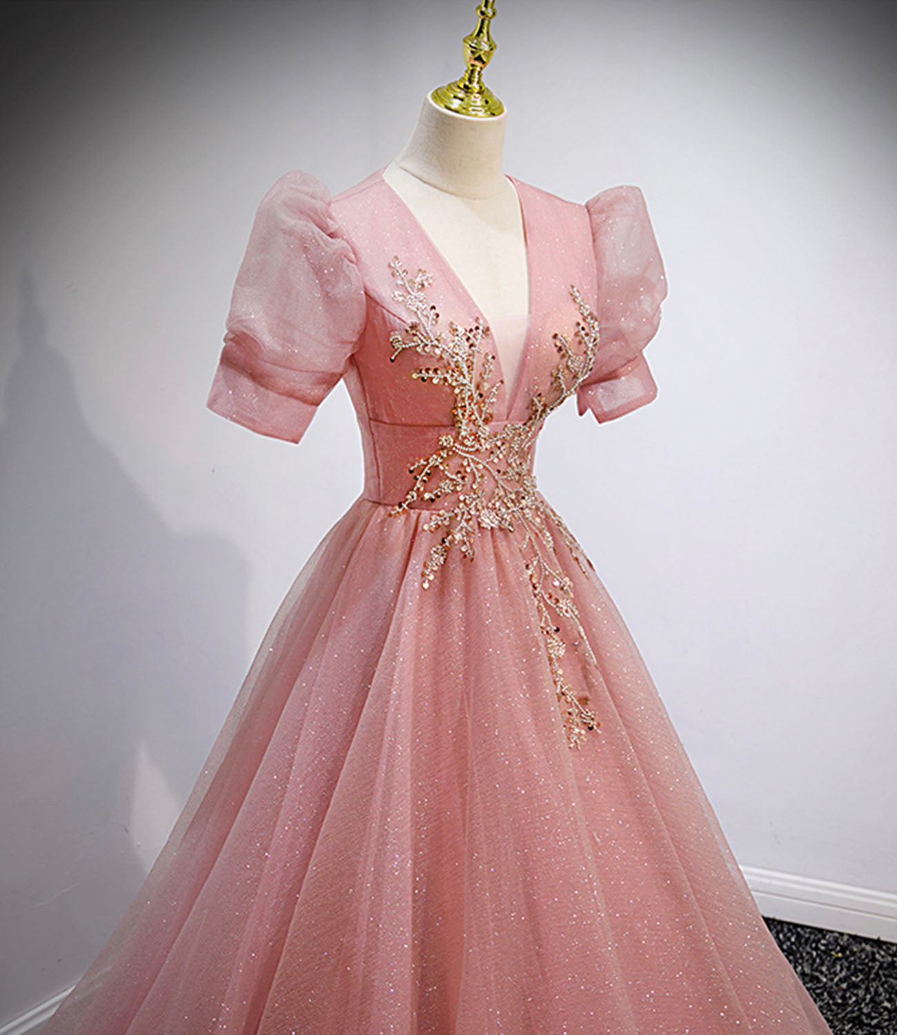 Pink tulle beads long prom dress A line evening gown  10162