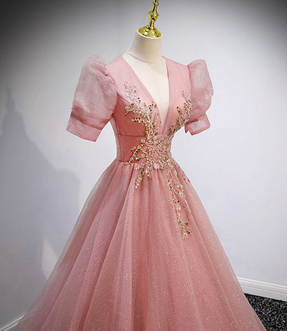 Pink tulle beads long prom dress A line evening gown  10162